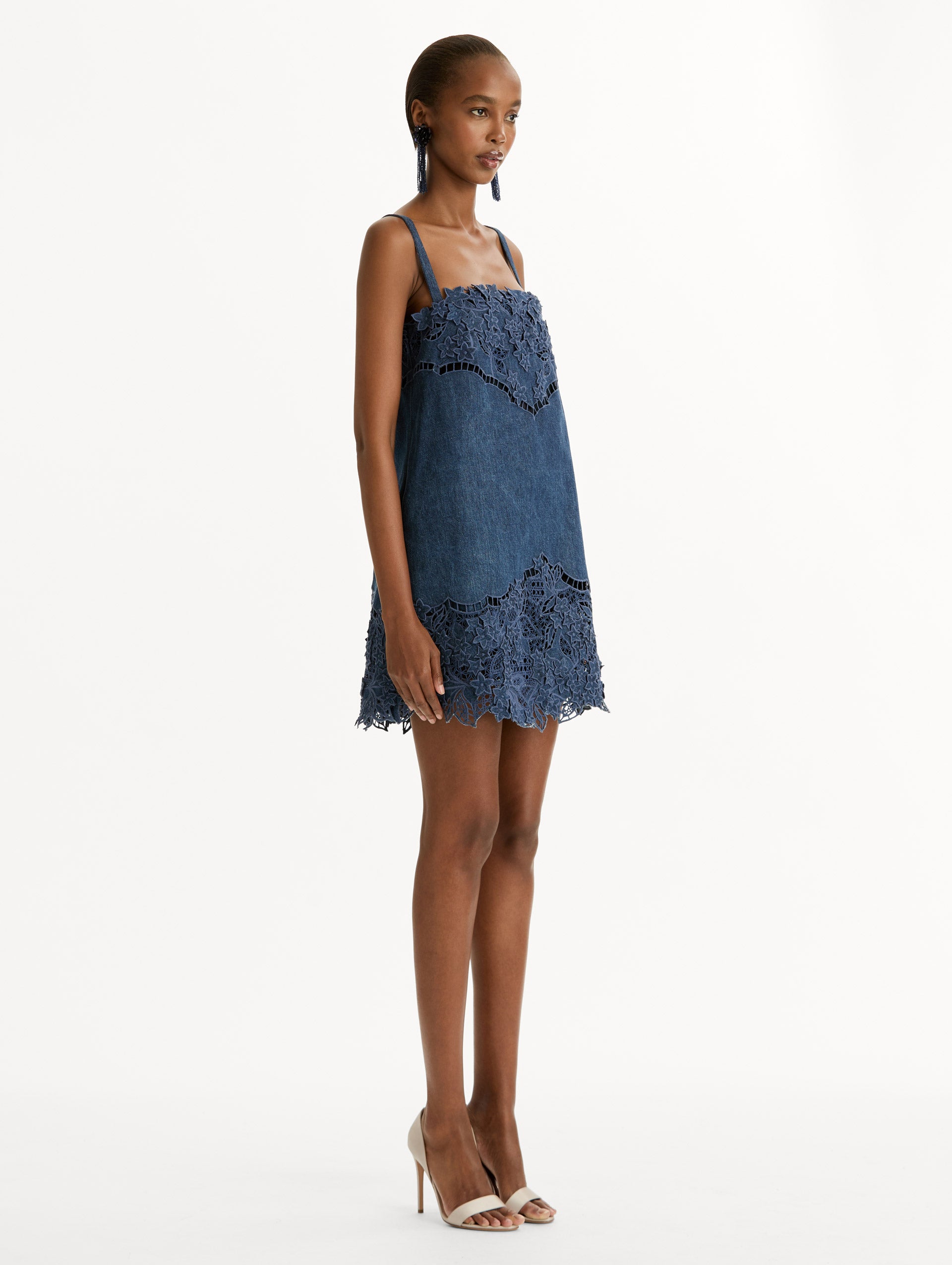 Porcelain Flower Cutout Denim Mini Dress, Straps, Narrow Straps, Detailed thread-work.  Side View