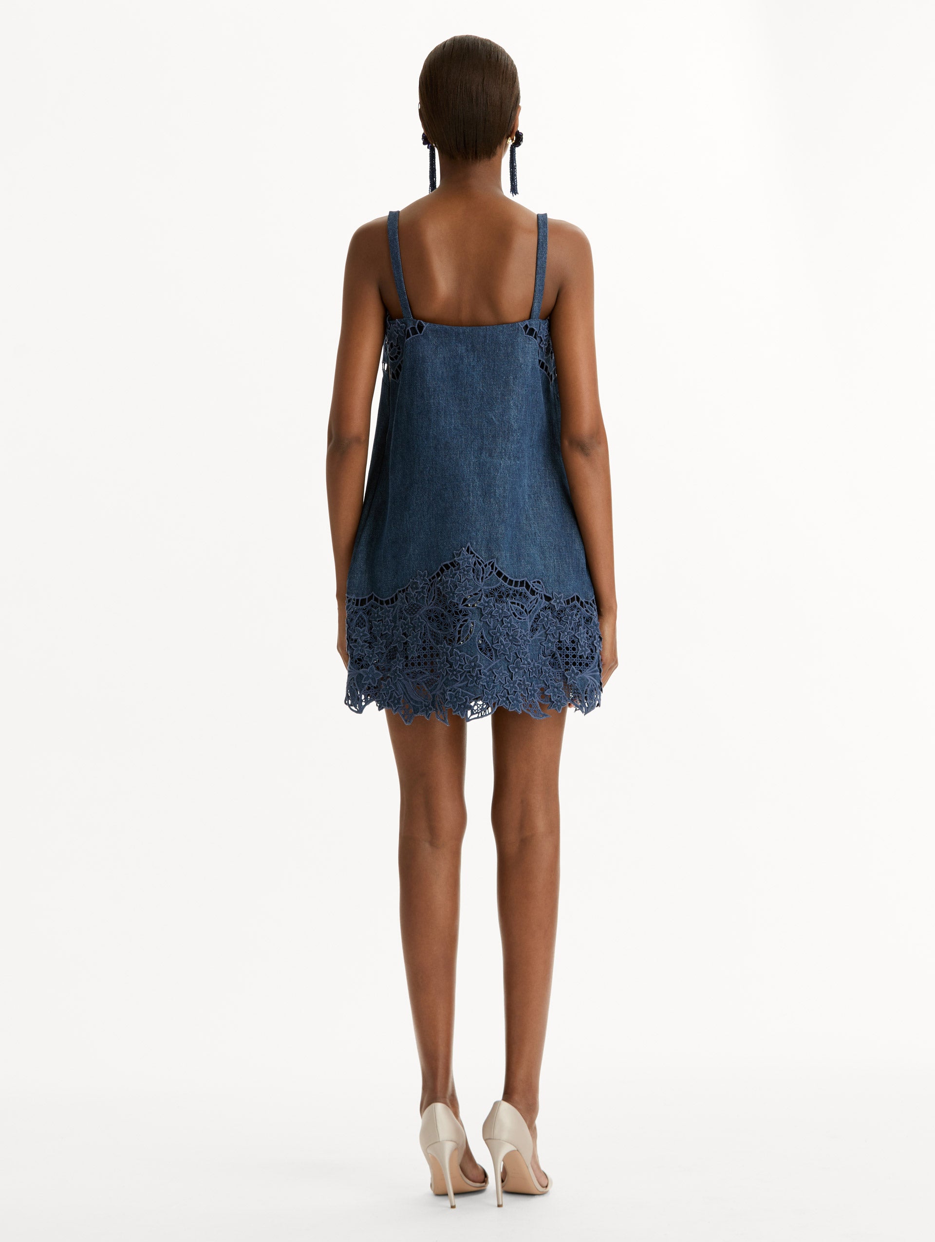 Porcelain Flower Cutout Denim Mini Dress, Straps, Narrow Straps, Detailed thread-work.  Back View