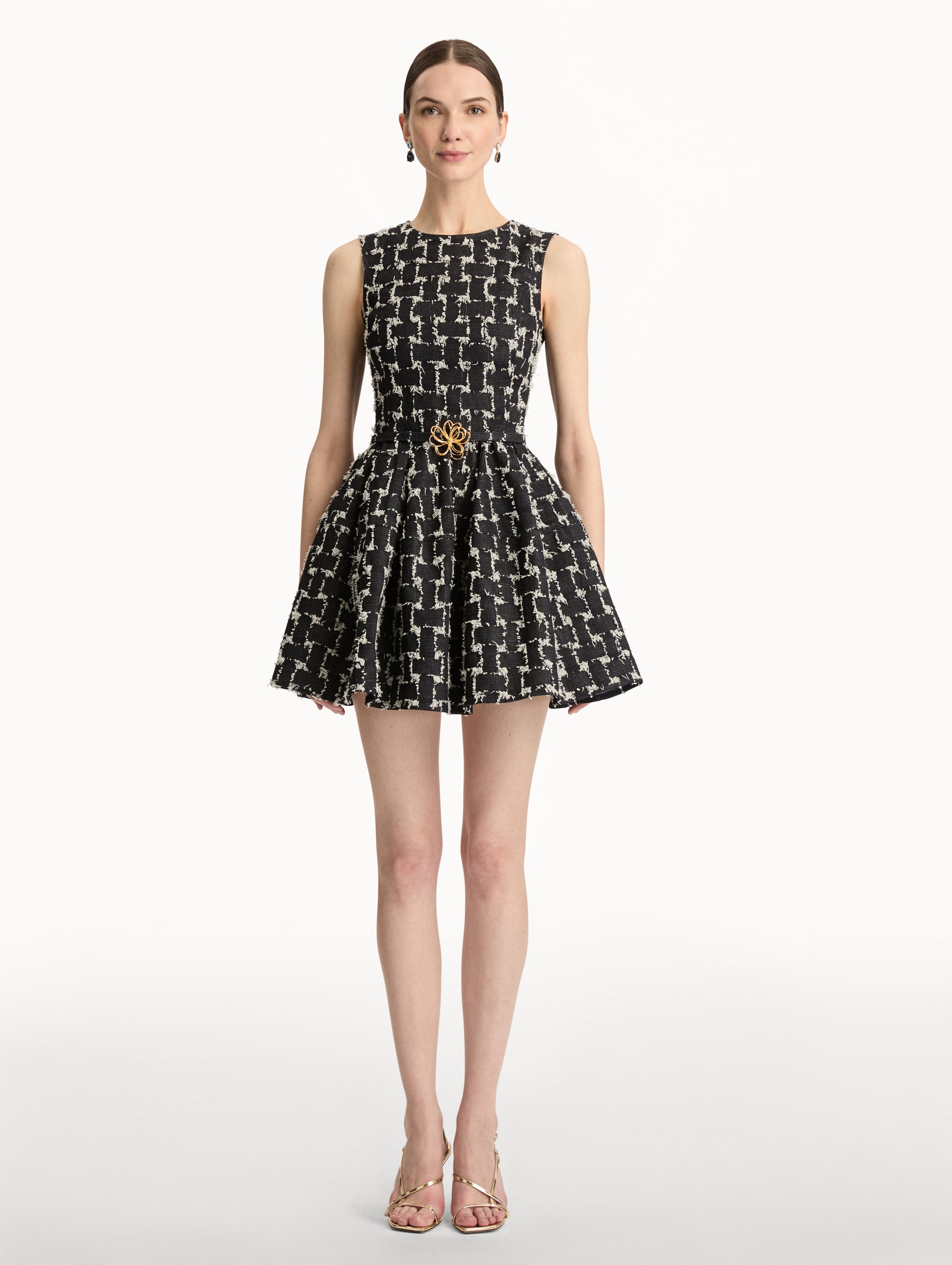 Black and Ivory Woven Denim Jacquard Mini Dress with a fitted waist, flared skirt, and gold floral belt detail. Front View.