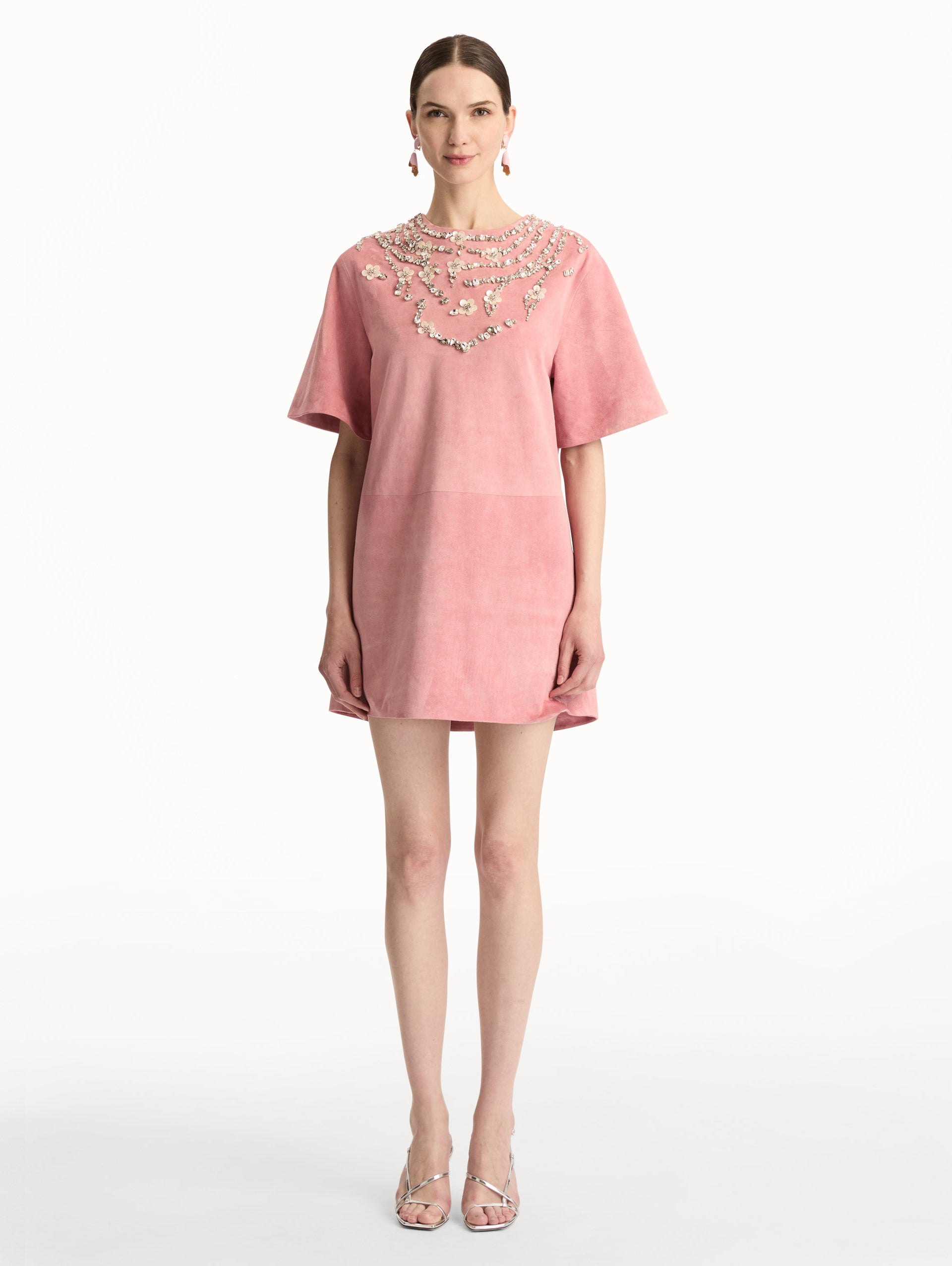 Pink Crystal Necklace Embroidered Suede Dress with short sleeves and embroidered crystal neckline. Front View.