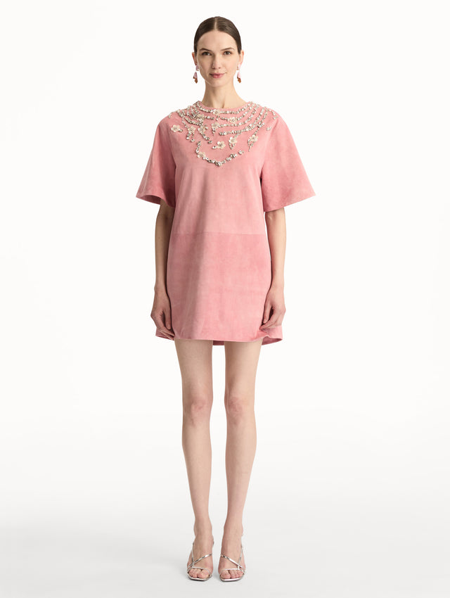 Pink Crystal Necklace Embroidered Suede Dress with short sleeves and embroidered crystal neckline. Front View.