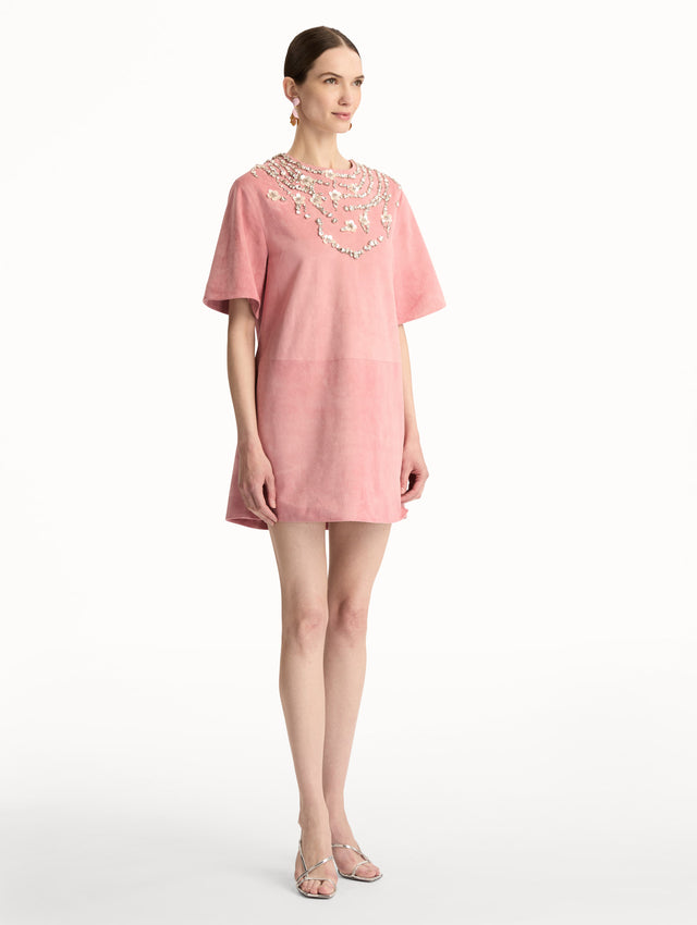Pink Crystal Necklace Embroidered Suede Dress with short sleeves and embroidered crystal neckline. Side View.