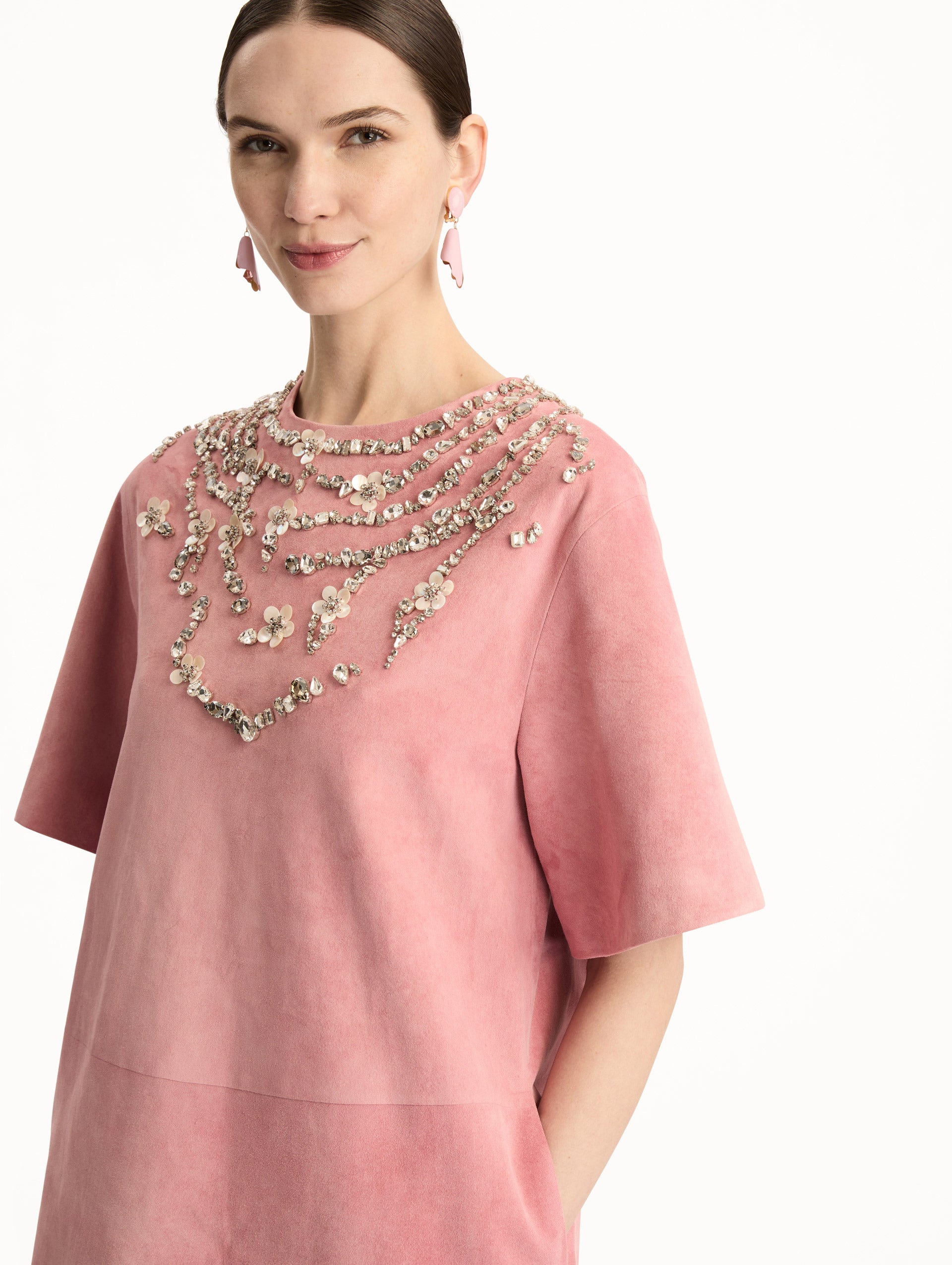 Pink Crystal Necklace Embroidered Suede Dress with short sleeves and embroidered crystal neckline. Zoom View.