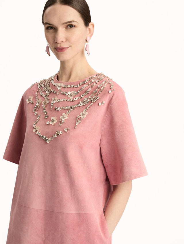 Pink Crystal Necklace Embroidered Suede Dress with short sleeves and embroidered crystal neckline. Zoom View.