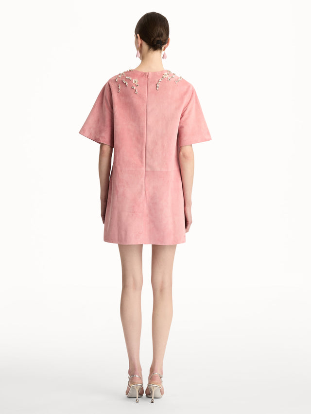 Pink Crystal Necklace Embroidered Suede Dress with short sleeves and embroidered crystal neckline. Back View.