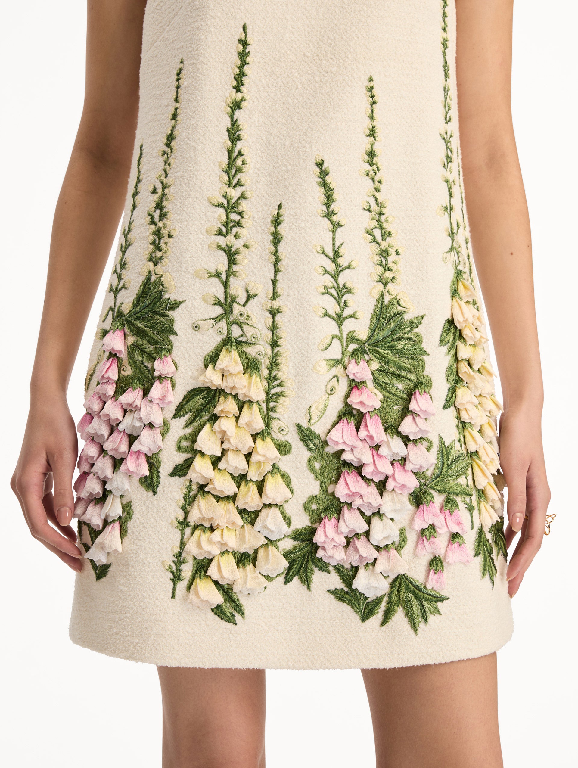 Ivory Foxglove Embroidered Tweed Shift Dress with pink and yellow floral embroidery. Zoom View.