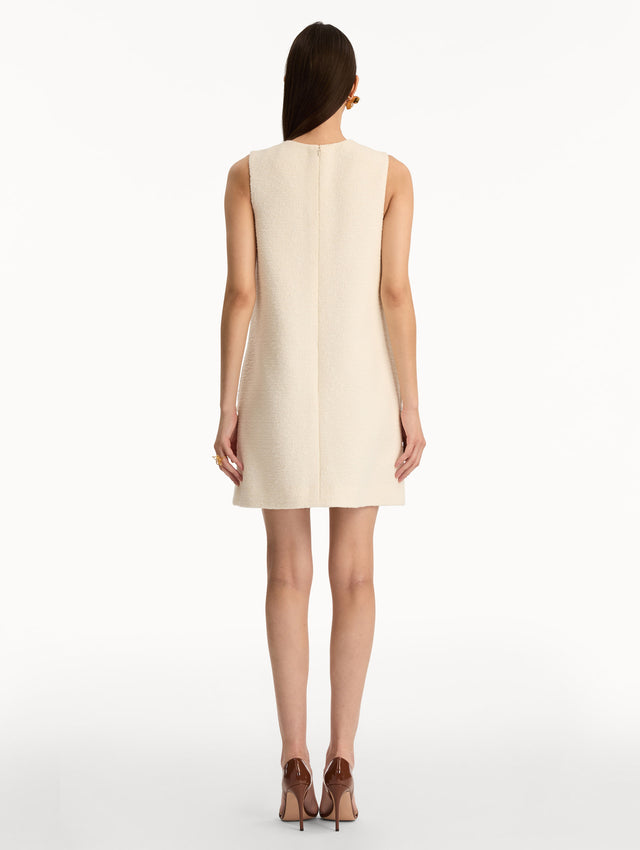 Ivory Foxglove Embroidered Tweed Shift Dress with pink and yellow floral embroidery. Back View.