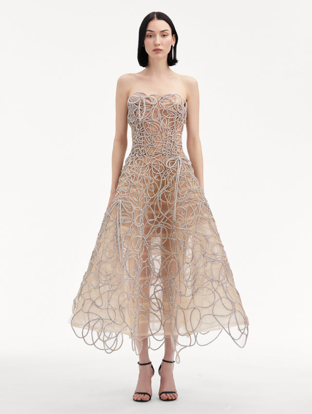 Strapless Silver Crystal Embroidered Cord Gown Front View