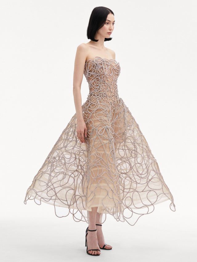 Strapless Silver Crystal Embroidered Cord Gown Side View