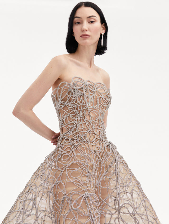 Strapless Silver Crystal Embroidered Cord Gown Zoom View