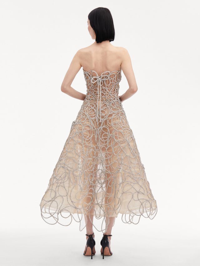 Strapless Silver Crystal Embroidered Cord Gown Back View