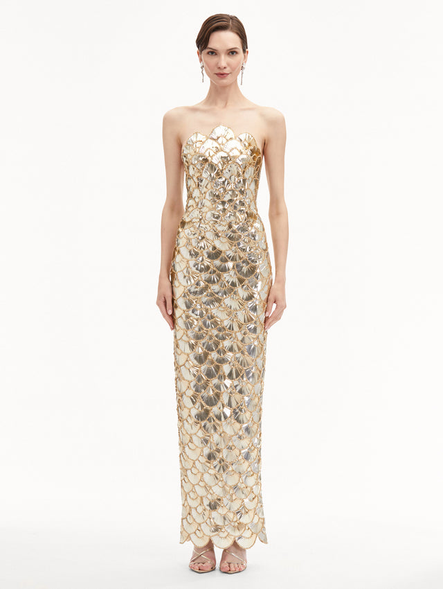 Champagne Sequin Scallop Embroidered Strapless Gown Front View
