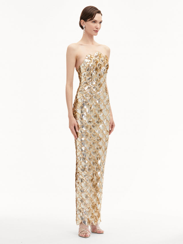 Champagne Sequin Scallop Embroidered Strapless Gown Side View