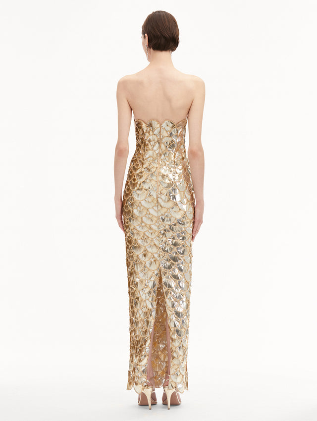 Champagne Sequin Scallop Embroidered Strapless Gown Back View