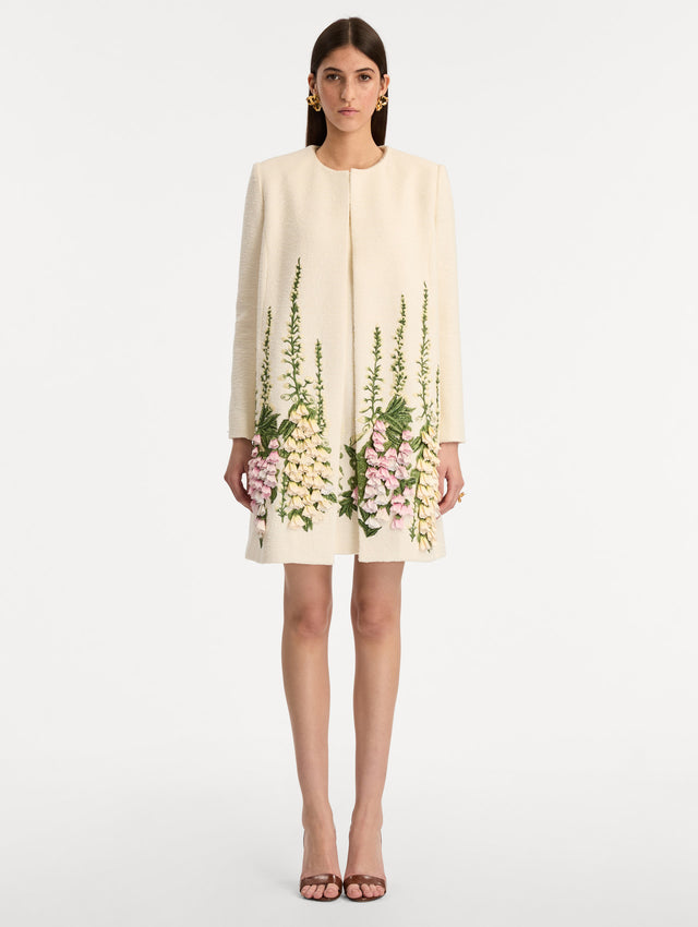 Foxglove Embroidered Tweed Jacket in White. Front View.