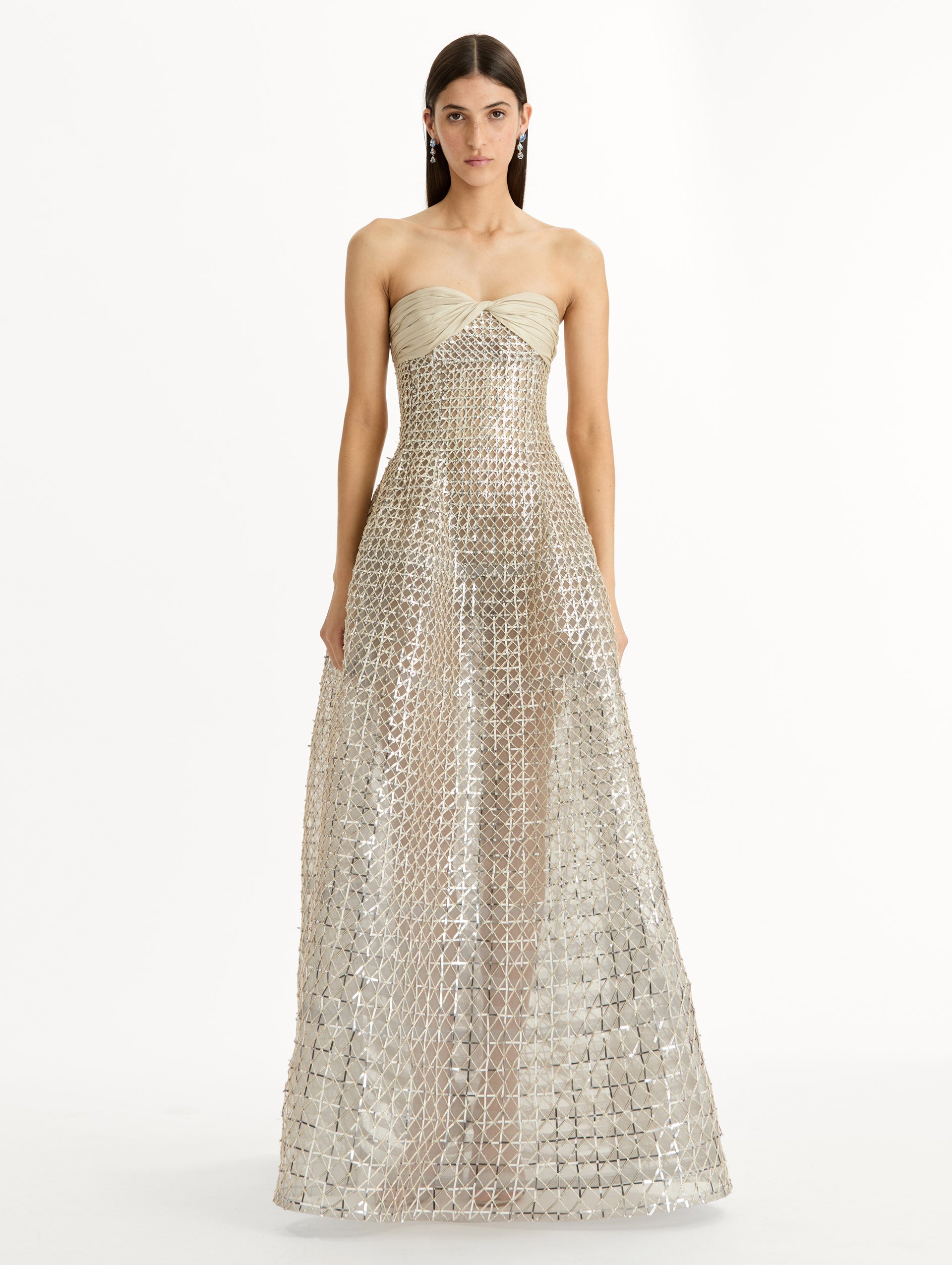 Floor length, silver, strapless Sequin & Bugle Bead Lattice Gown with Sheer Skirt. Front View.
