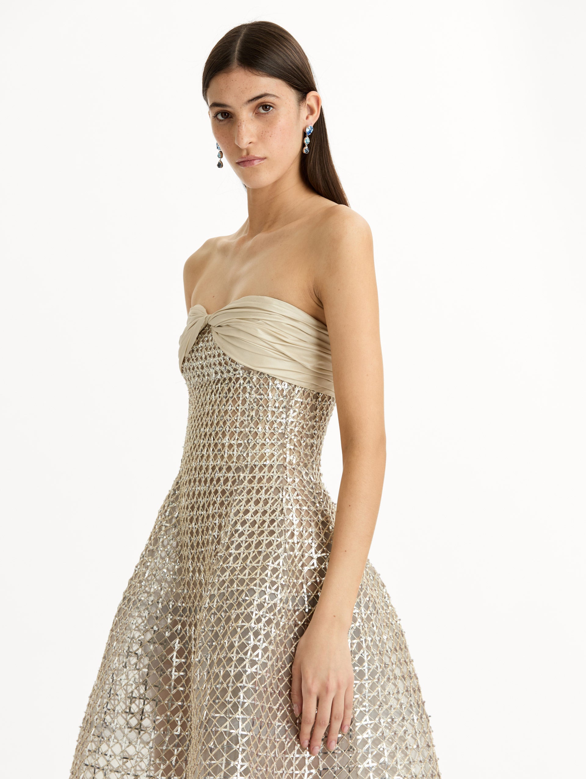 Floor length, silver, strapless Sequin & Bugle Bead Lattice Gown with Sheer Skirt. Side View, Close Up.