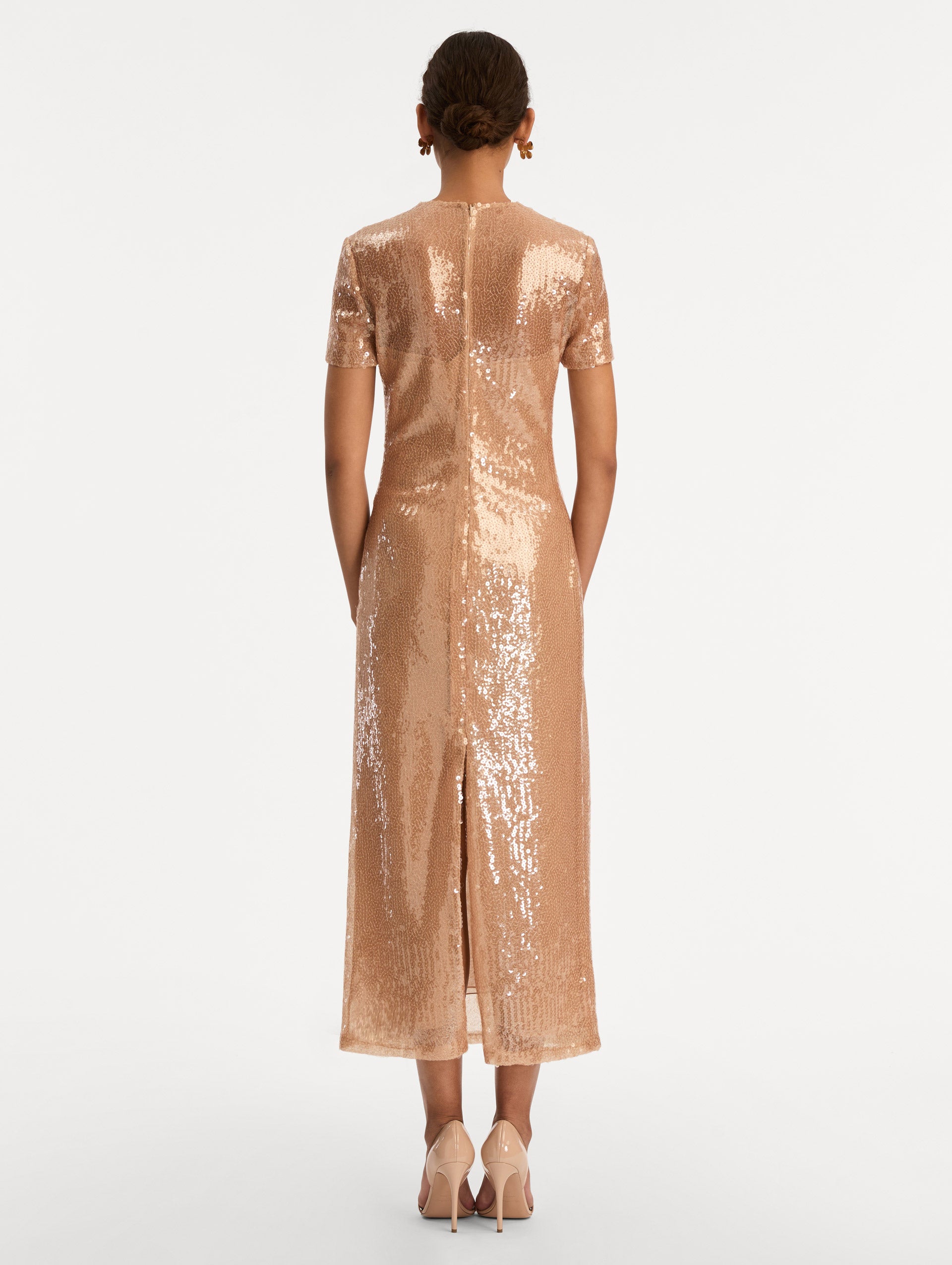 Rose Gold Foxglove Embroidered Sequin Tulle Dress with short sleeves and tonal floral appliqué detail near the hem. Back View.