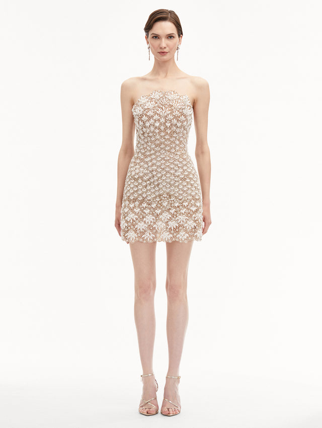 Pearl Embroidered Scallop Strapless Mini Dress
Front View