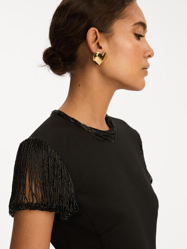 Black Bugle Bead Embroidered Cocktail Dress with beaded sleeves and a slim silhouette. Zoom View.