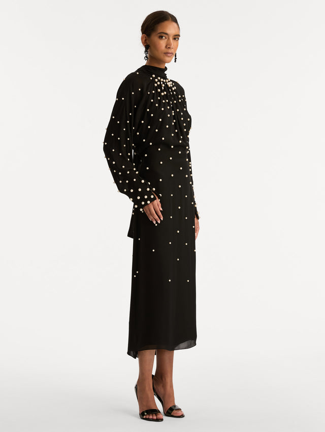 Black Pearl Cluster Georgette Dress with high neck and long sleeves. Side View.