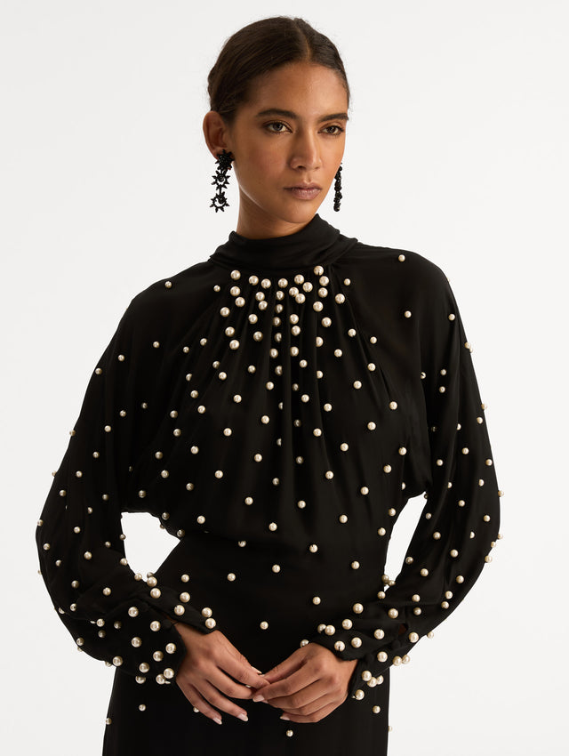 Black Pearl Cluster Georgette Dress with high neck and long sleeves. Zoom View.