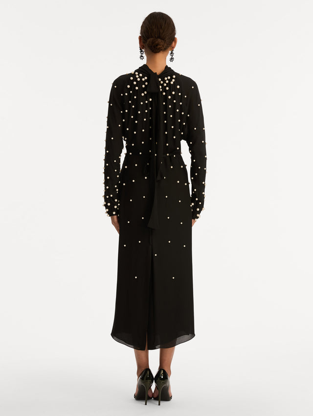 Black Pearl Cluster Georgette Dress with high neck and long sleeves. Back View.