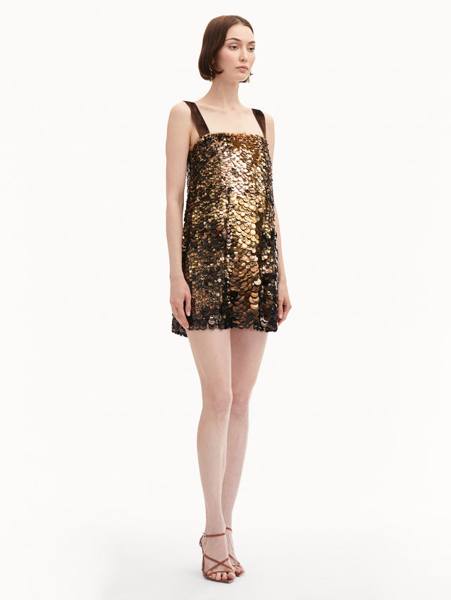 Ombre Paillette Sequin Cocktail Sleeveless Mini Dress with Velvet Straps in Gold Side View