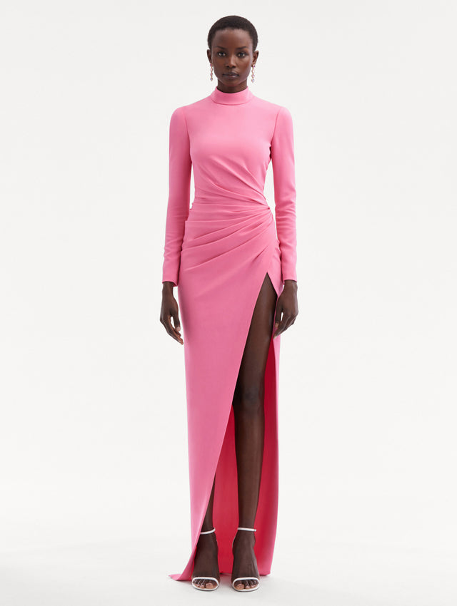 Pink Long Sleeve Draped Front Cady Gown with Mock Neck Front View
