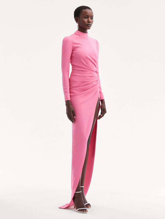 Pink Long Sleeve Draped Front Cady Gown with Mock Neck Side View