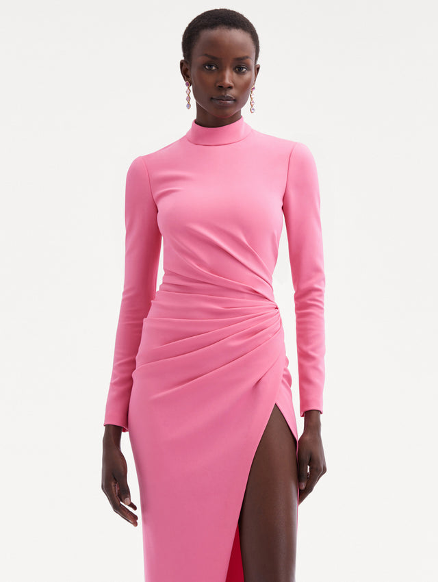 Pink Long Sleeve Draped Front Cady Gown with Mock Neck Zoom View
