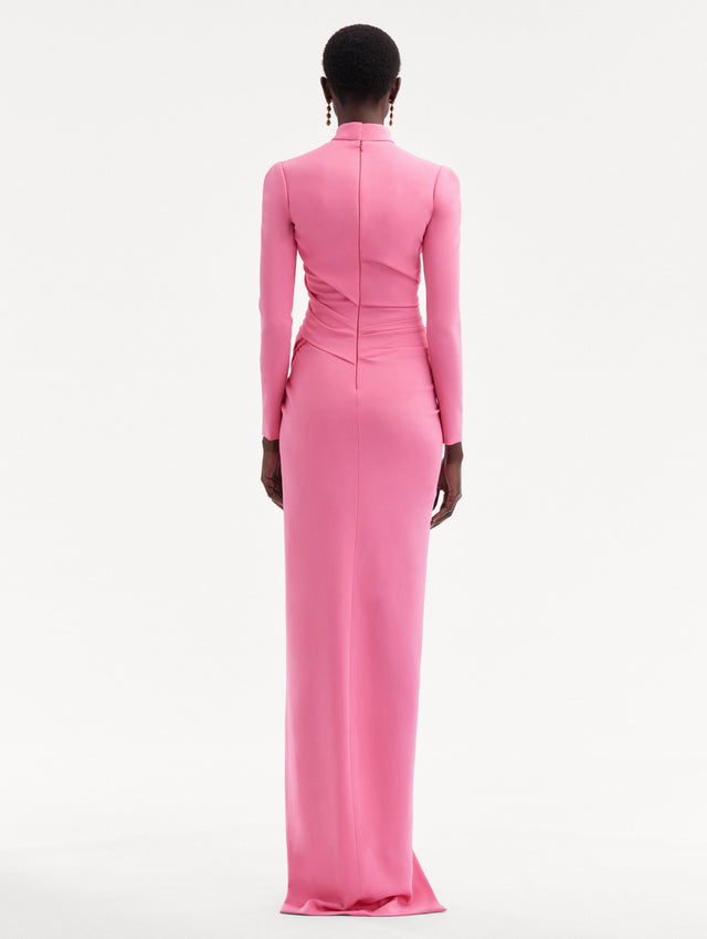 Pink Long Sleeve Draped Front Cady Gown with Mock Neck Back View