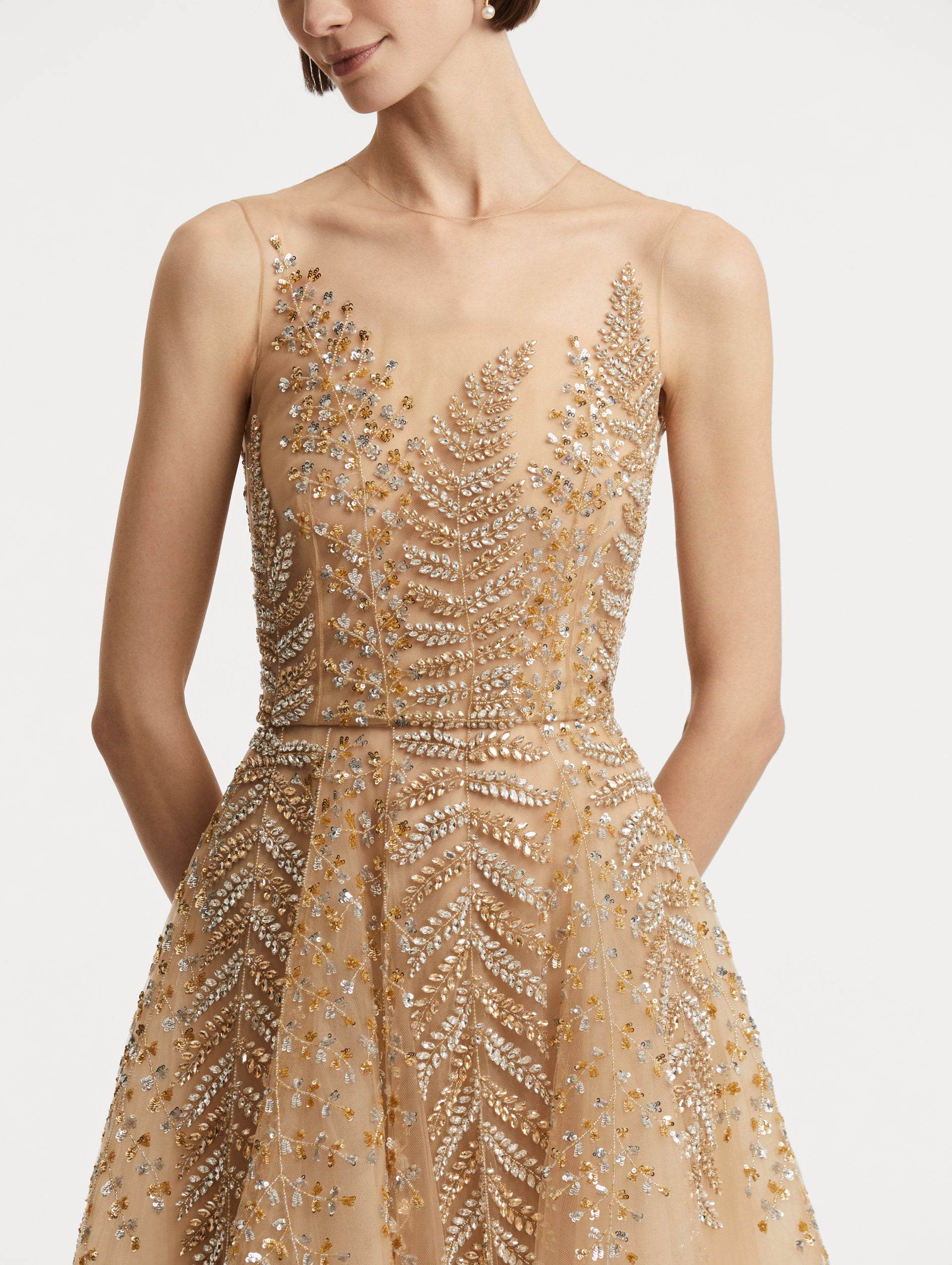 Oscar de La Renta | Fern Embroidered Illusion Cocktail Dress Oscar de La Renta | Fern Embroidered Illusion Cocktail Dress