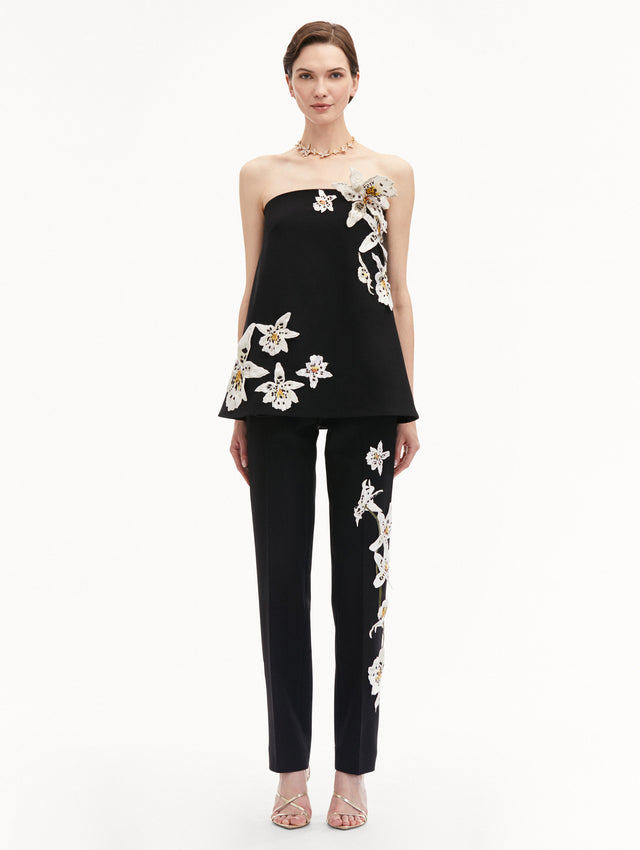 Watercolor Orchid Black Strapless Blouse Paired with Matching pants Front View