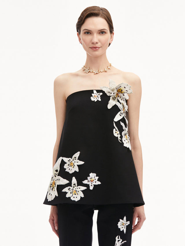 Watercolor Orchid Black Strapless Blouse Front View