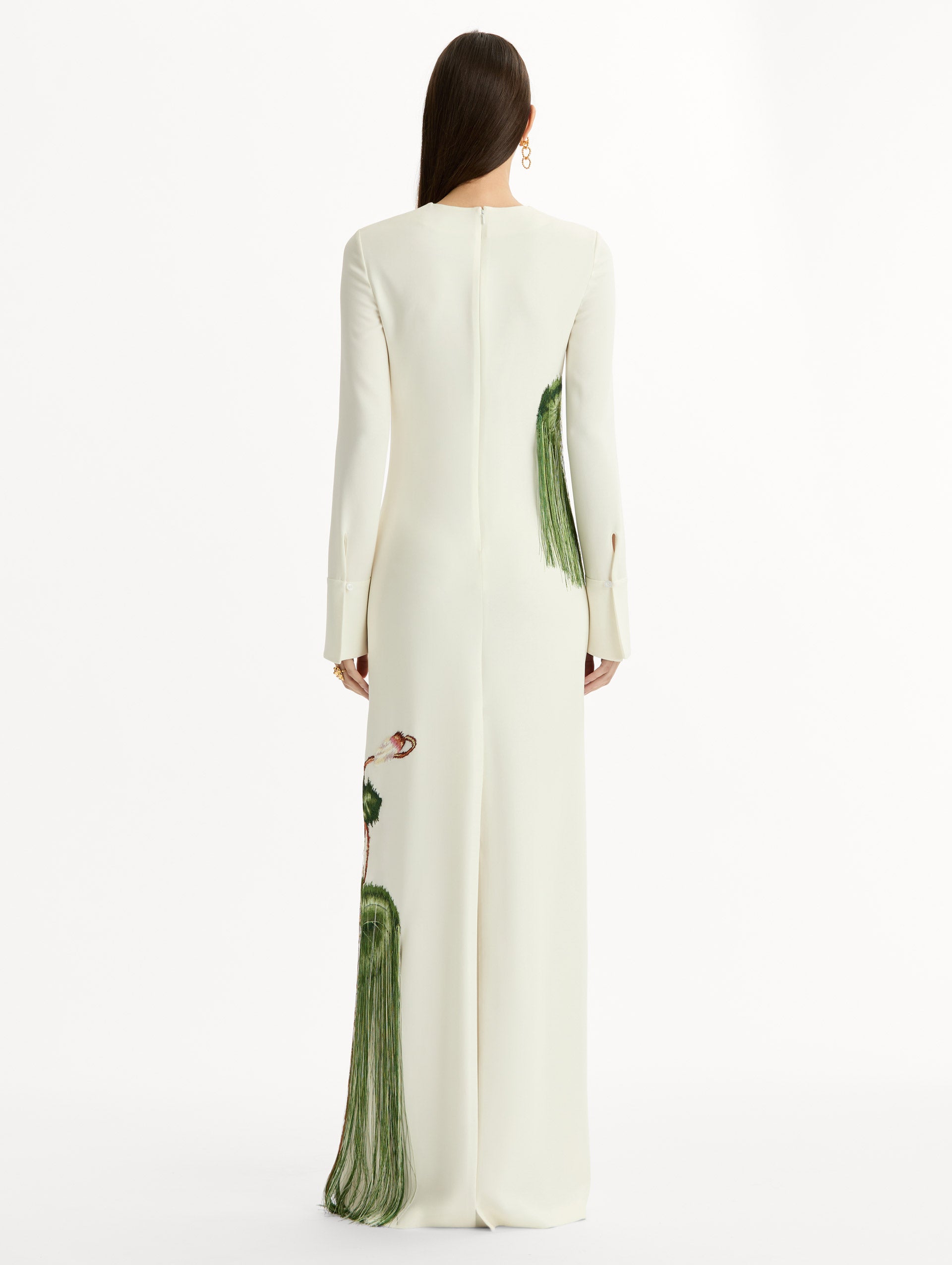 Ivory, long sleeve, floor length, heavy silk stretch georgette gown with Chiné Cyclamen motif in threadwork fringe. Back View.