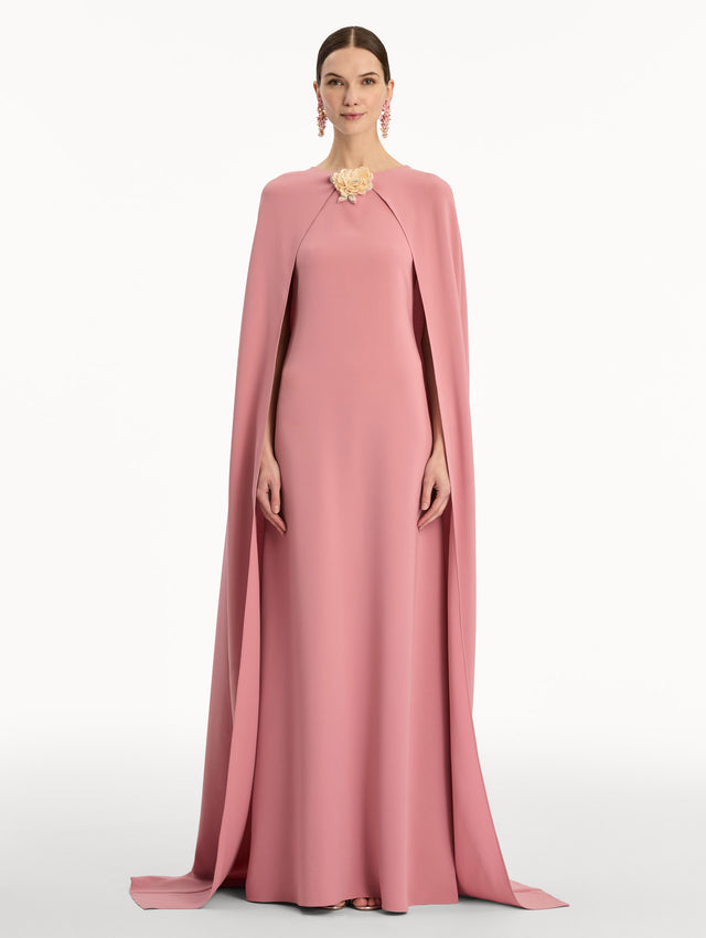 Pink Brooch Embroidered Cape-Back Caftan with a straight silhouette, detailed with a gold leaf accent at the neckline. Front View.