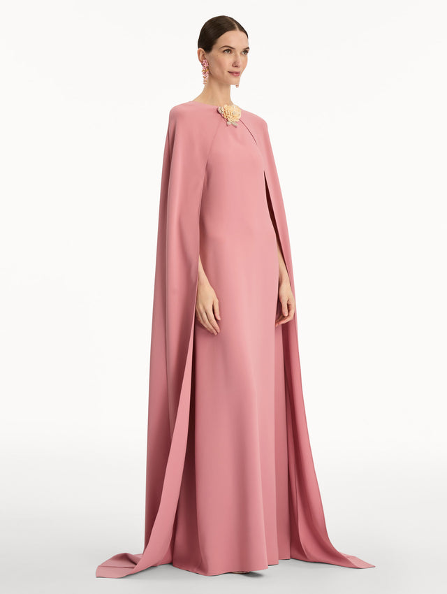 Pink Brooch Embroidered Cape-Back Caftan with a straight silhouette, detailed with a gold leaf accent at the neckline. Side View.