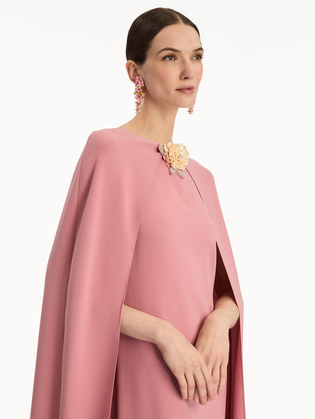 Pink Brooch Embroidered Cape-Back Caftan with a straight silhouette, detailed with a gold leaf accent at the neckline. Zoom View.