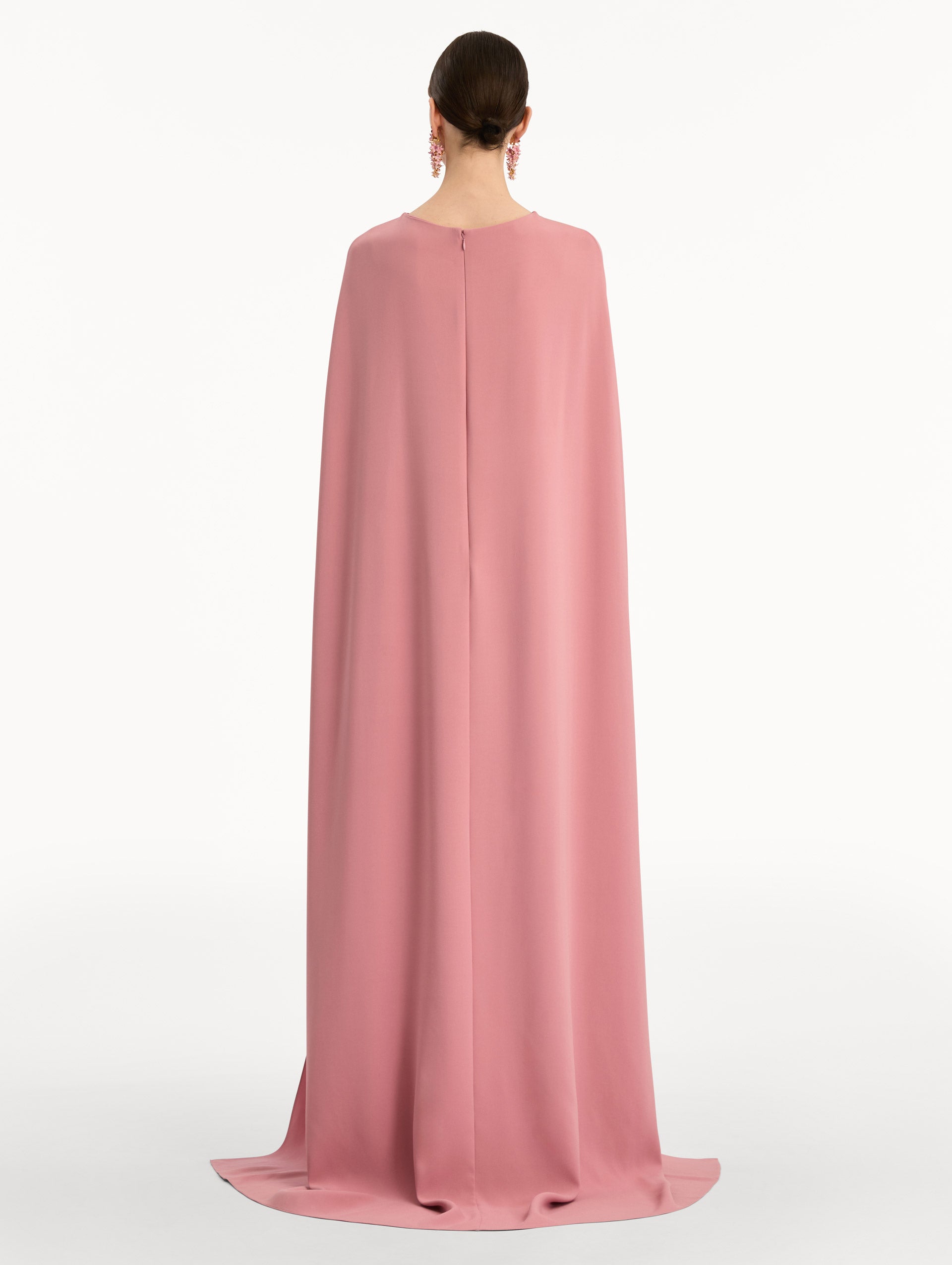 Pink Brooch Embroidered Cape-Back Caftan with a straight silhouette, detailed with a gold leaf accent at the neckline. Back View.
