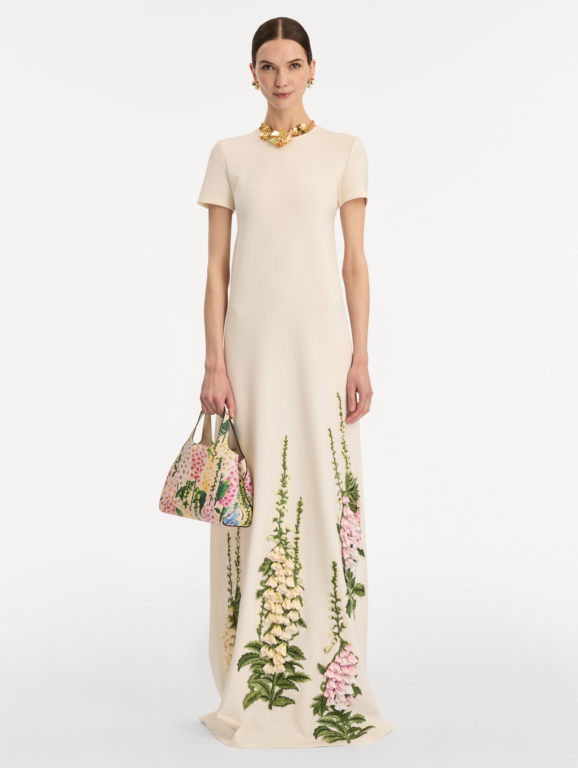 Floral Mini Topaz featuring multicolor foxglove motifs on a structured silhouette with top handles.