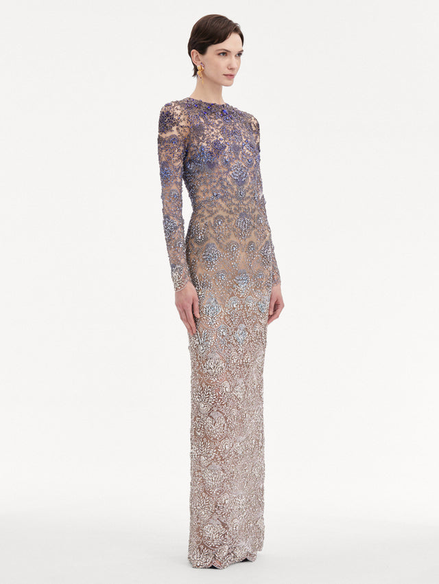 Blue to White Ombre Crystal Embroidered Long sleeve Gown Side View