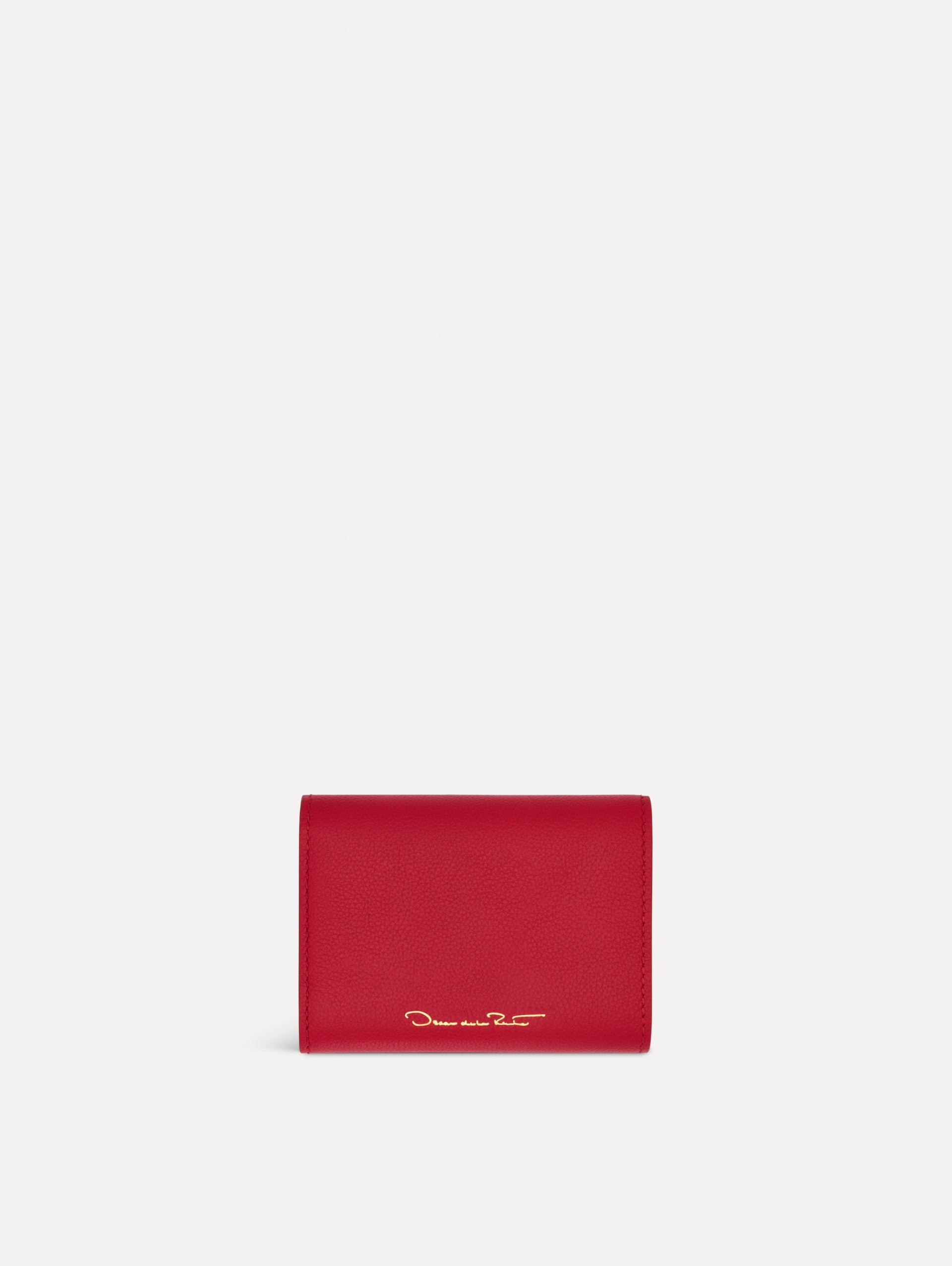 Red Tri-Fold Wallet featuring a gold O motif clasp. Back View.