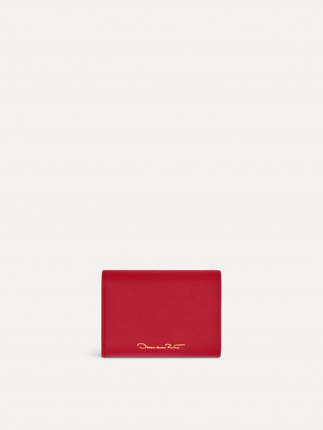 Red Tri-Fold Wallet featuring a gold O motif clasp. Back View.