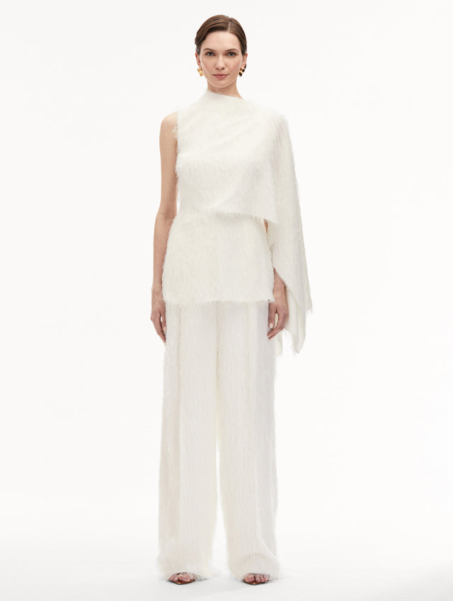 White Fringe Fil Coupé Asymmetrical Blouse Paired with Matching Pant Front View