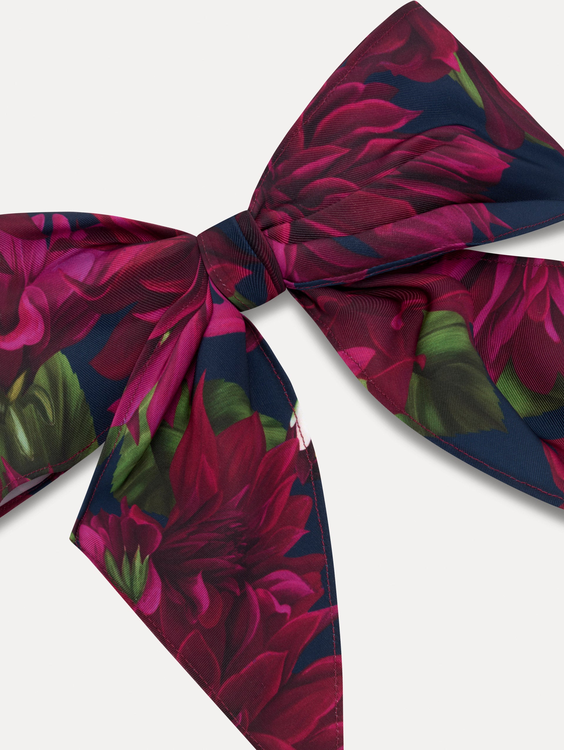 Purple and navy floral ODLR x @SimonSits Dahlia Dog Bow featuring an oversized shape and long pointed tails. Zoom View.