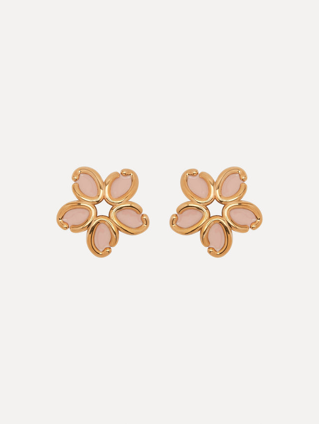 Pink Enamel Gold O Flower Earrings Front View