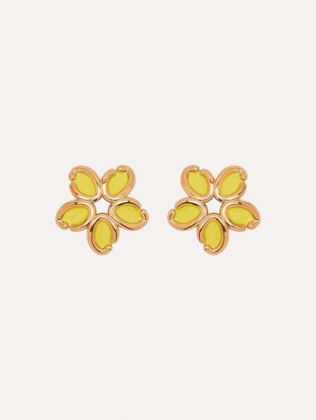 Yellow Enamel Gold O Flower Earrings Front View