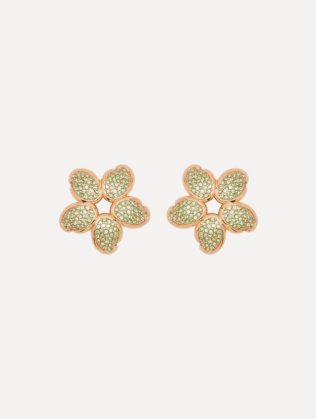 Gold O Flower Earrings with Green Crystals Front View