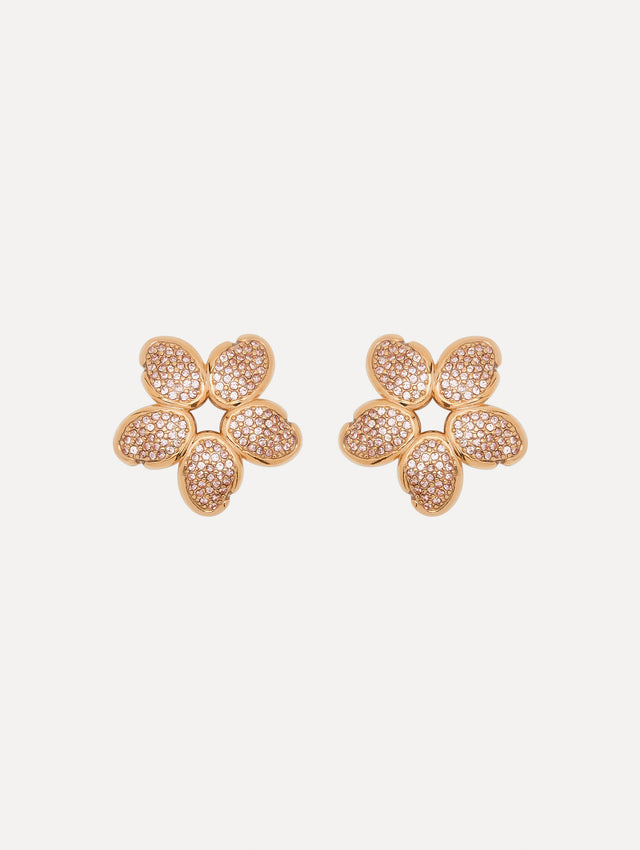 Gold O Flower Earrings with Pink Crystals Front View